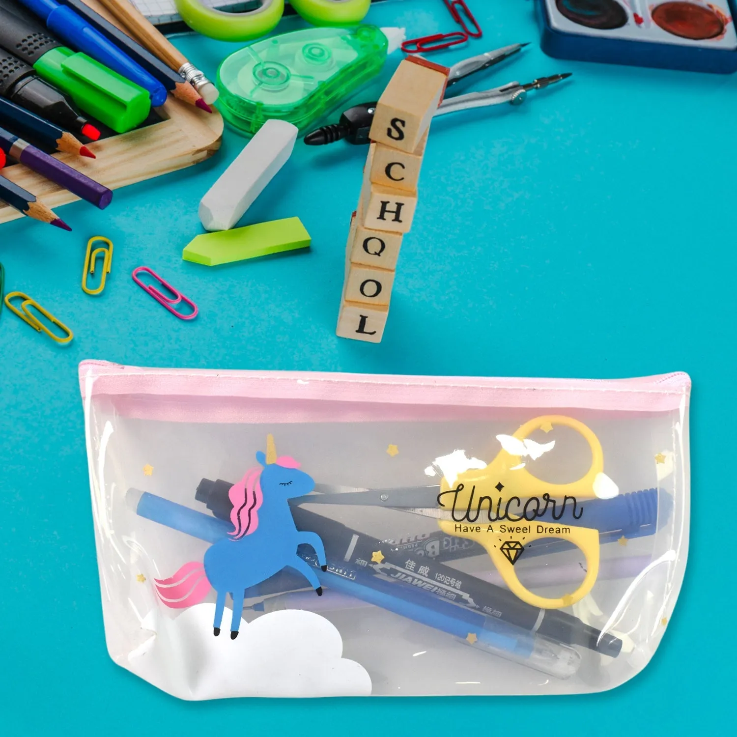 Transparent Unicorn Pencil Zip Pouch Bag (1 Pc)