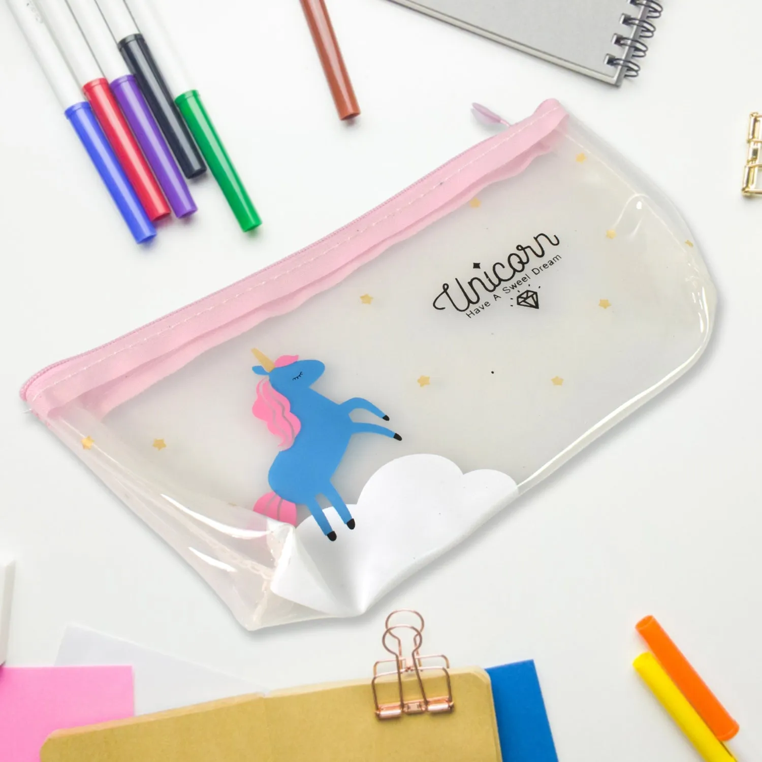 Transparent Unicorn Pencil Zip Pouch Bag (1 Pc)