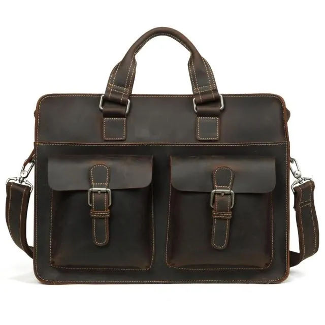 Vintage Crazy Horse Leather Briefcase with 15.6 inches Laptop Sleeve