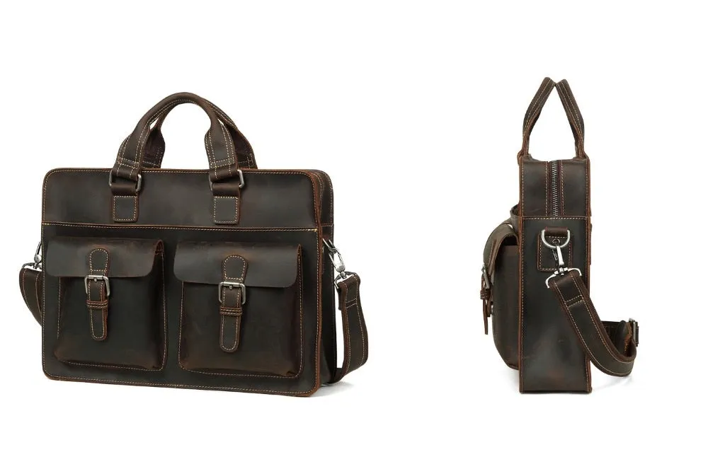 Vintage Crazy Horse Leather Briefcase with 15.6 inches Laptop Sleeve
