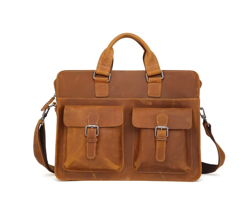 Vintage Crazy Horse Leather Briefcase with 15.6 inches Laptop Sleeve