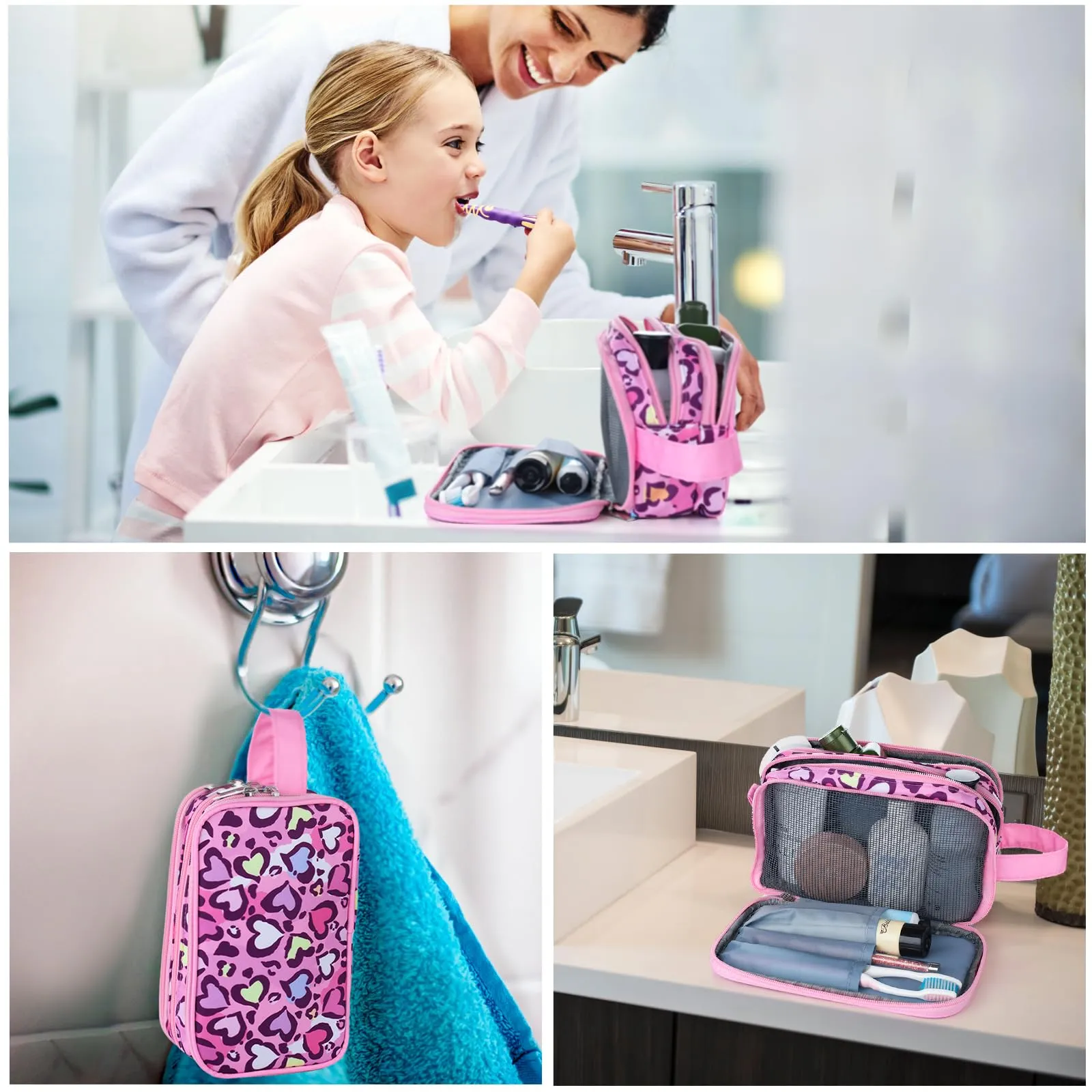 Vipdeal Cheetah Kids Toiletry Bag for Girls, Travel Toiletry Bag for Little Young Girls Cosmetic Bag Makeup Bag Waterproof Hanging Wash Bag Toddler Toiletries, Pink Leopard