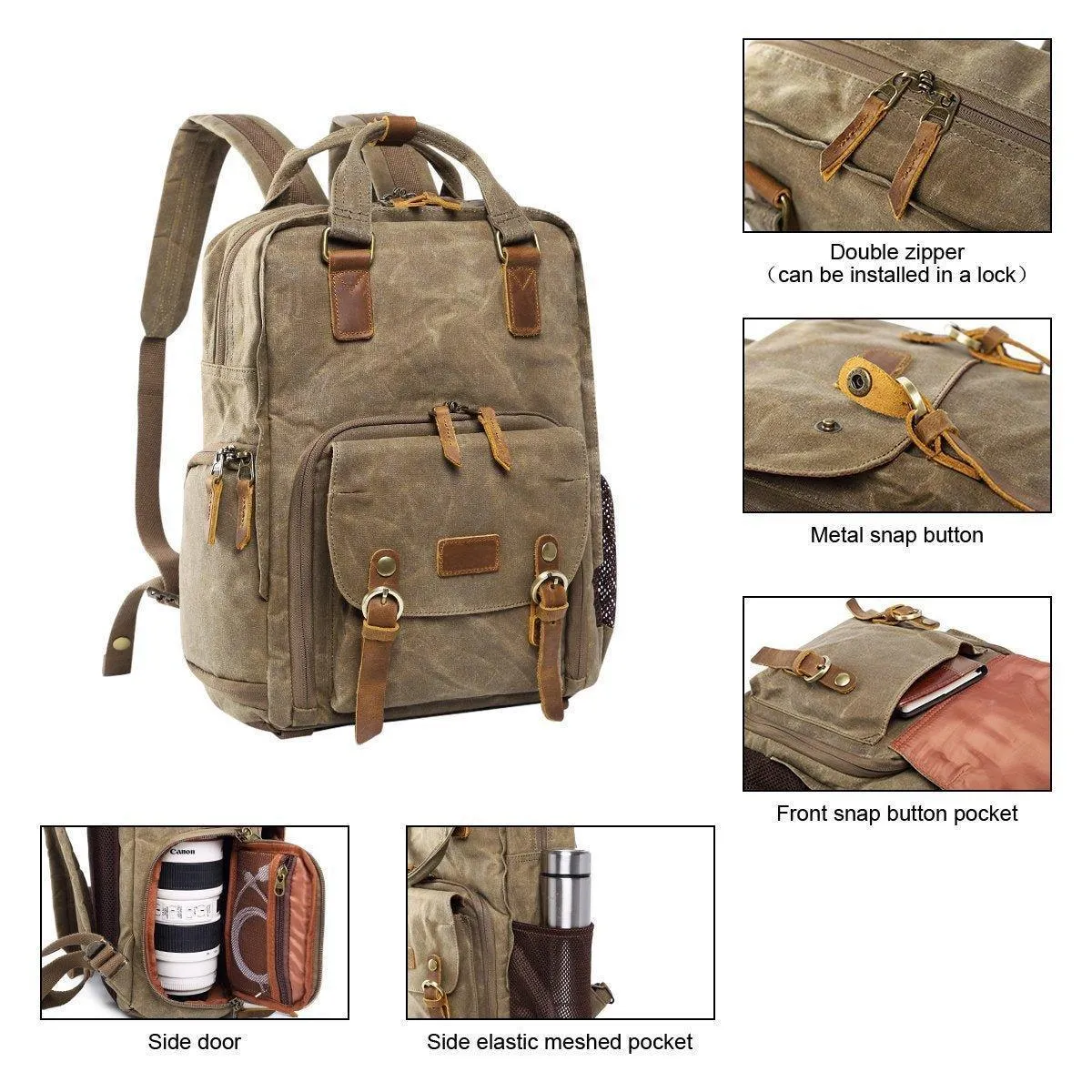 Woosir Waterproof Waxed Canvas Camera Backpack