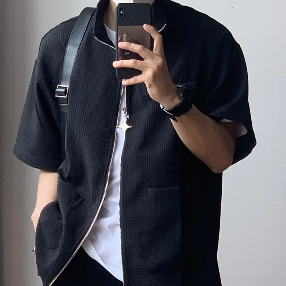 Zippered Stand Collar Shirt
