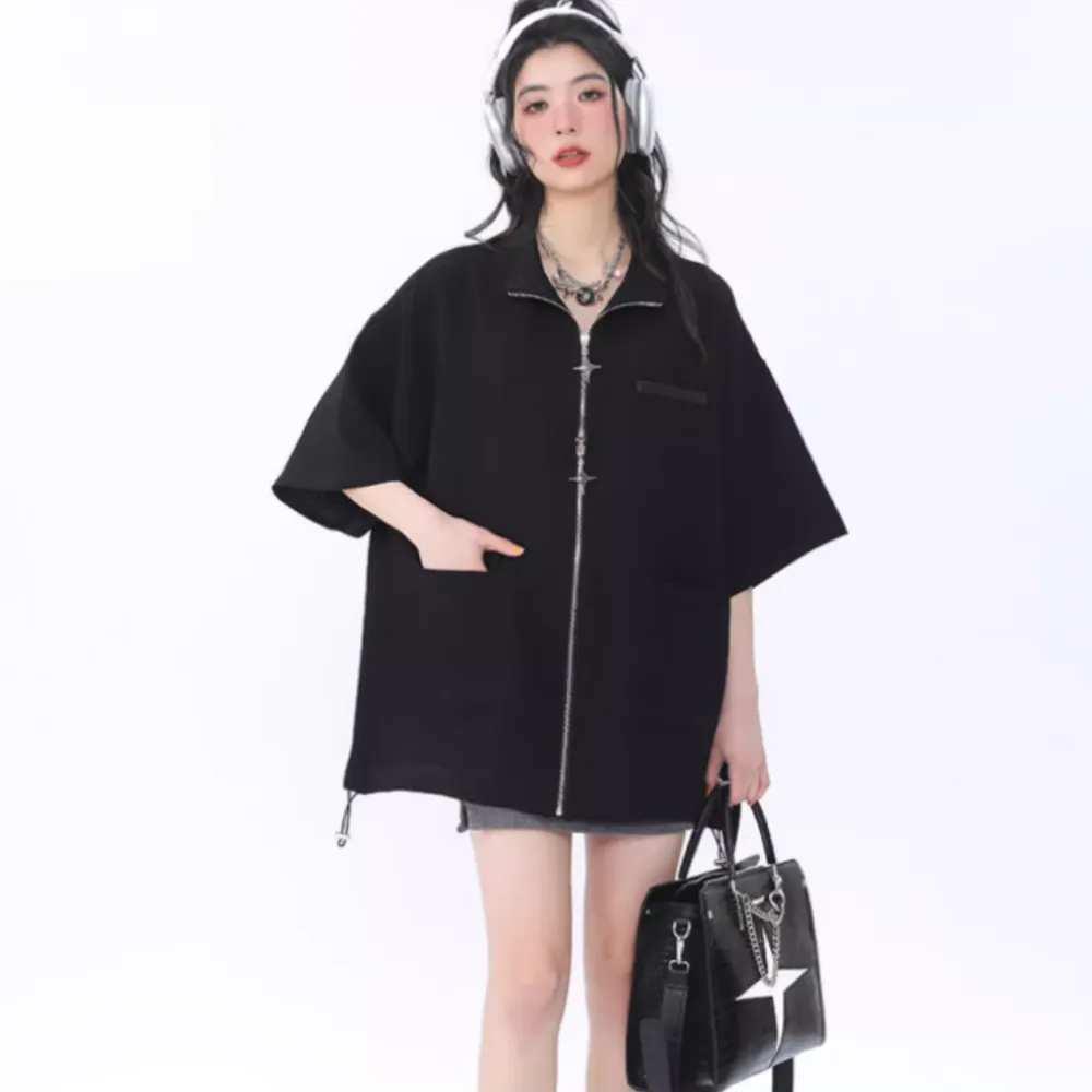 Zippered Stand Collar Shirt